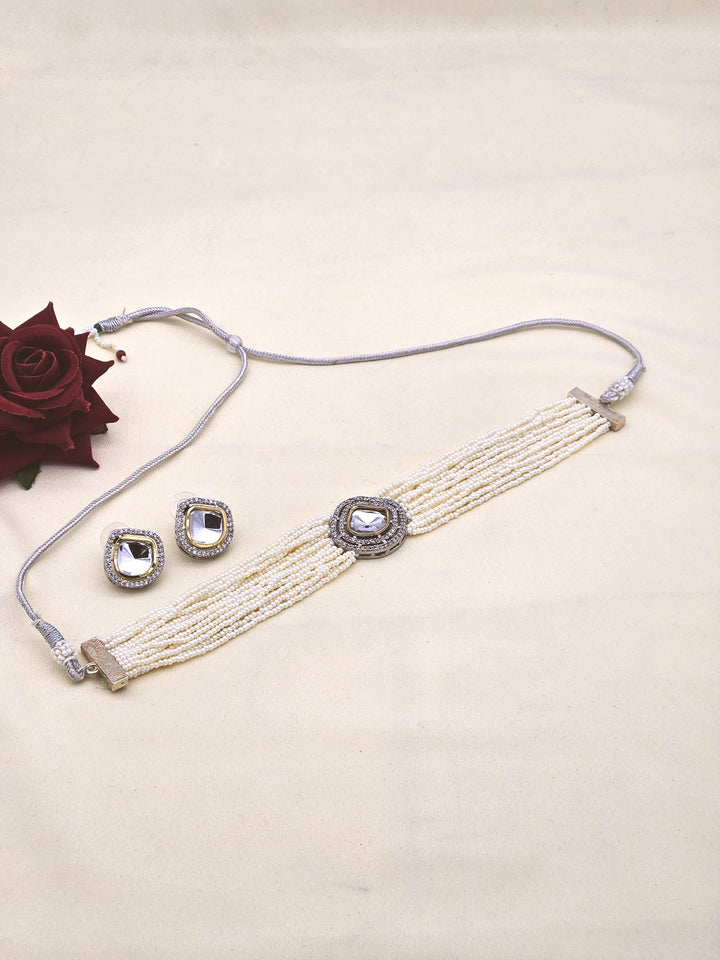 Gorgeous Antique Gold AD-Brass Kundan Polky- Pearl Choker Necklace-Earrings Set