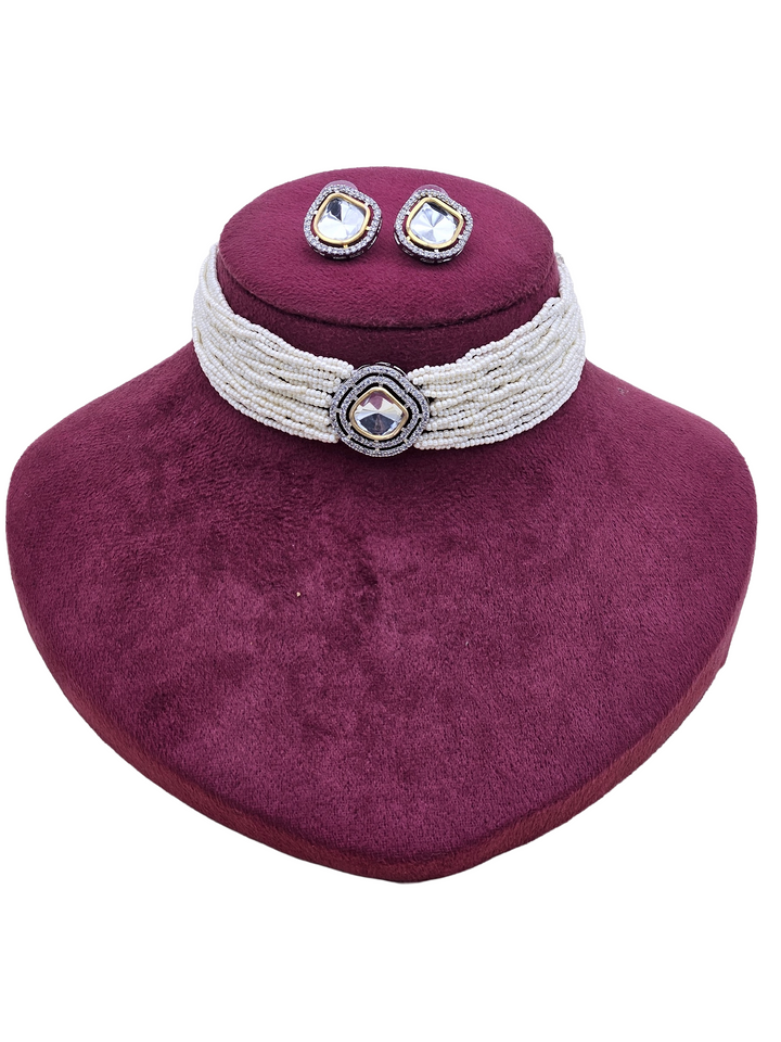 Gorgeous Antique Gold AD-Brass Kundan Polky- Pearl Choker Necklace-Earrings Set