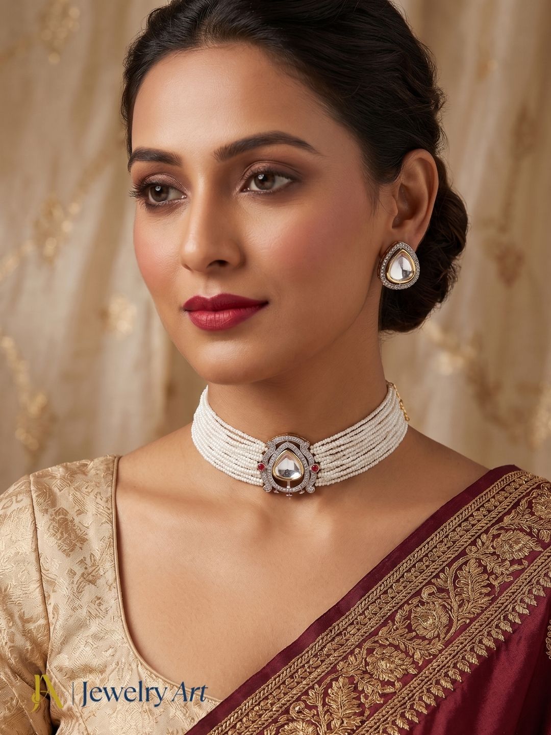 Handcrafted look ethnic choker necklace set with pearl and polky accents
