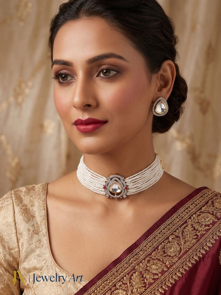 Handcrafted look ethnic choker necklace set with pearl and polky accents
