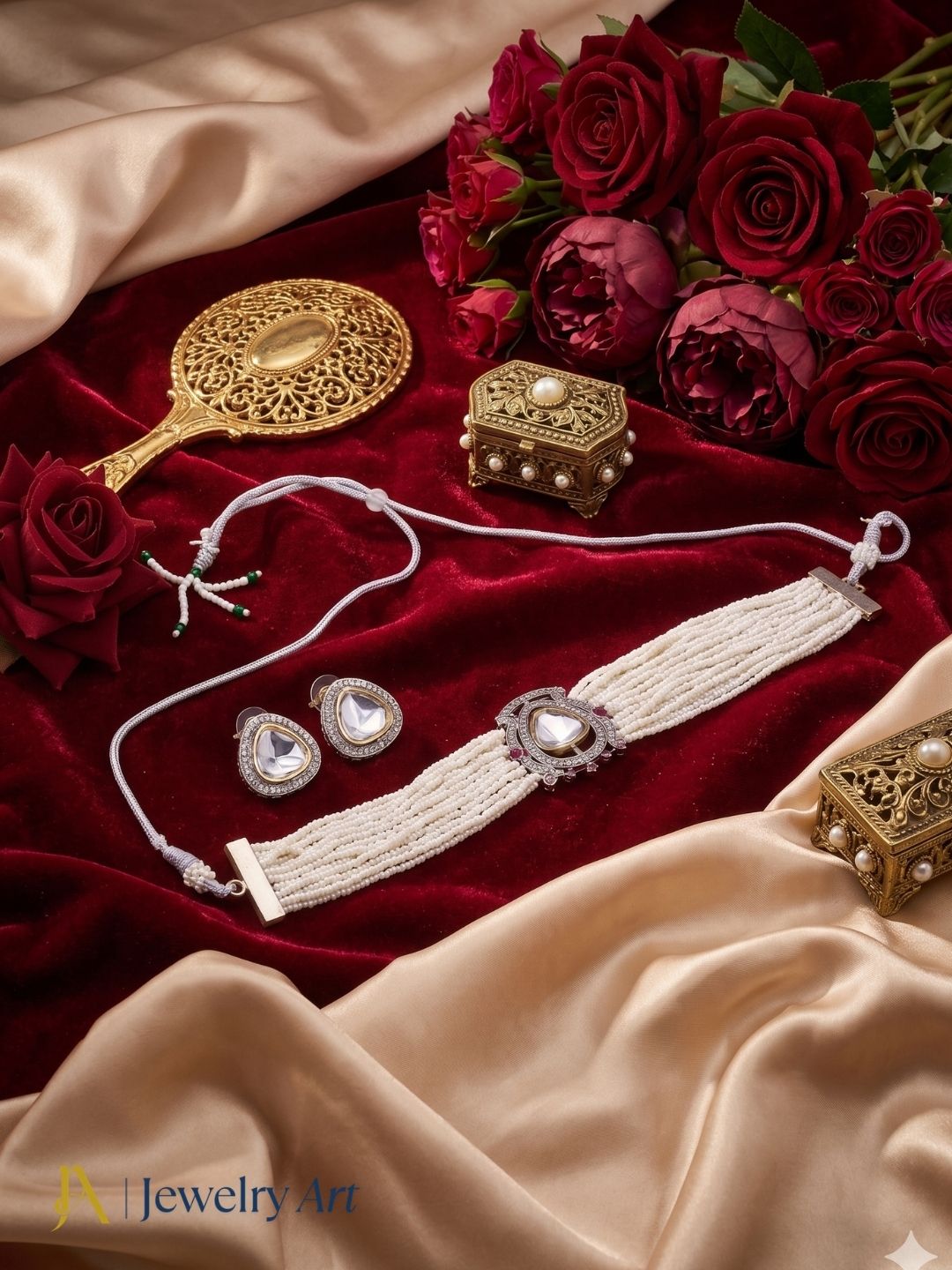Handcrafted look ethnic choker necklace set with pearl and polky accents
