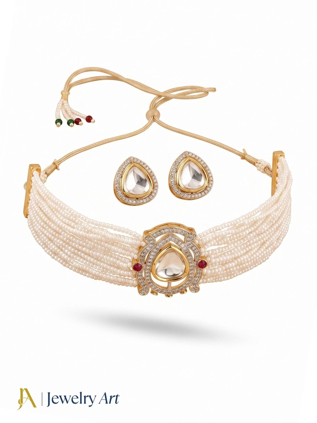 Handcrafted look ethnic choker necklace set with pearl and polky accents
