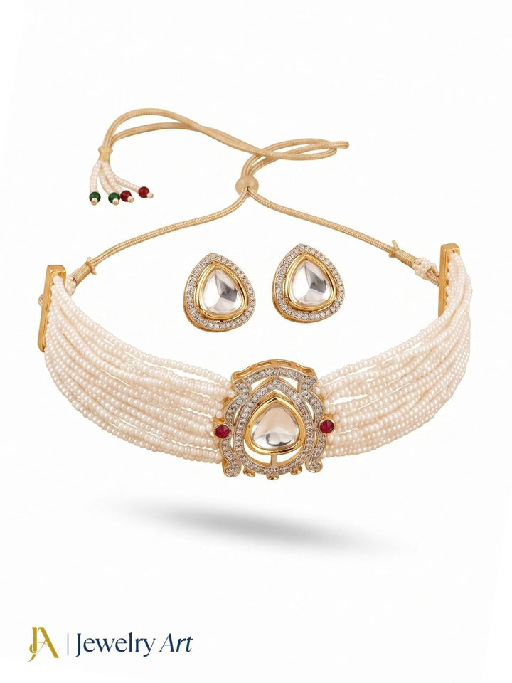 Handcrafted look ethnic choker necklace set with pearl and polky accents
