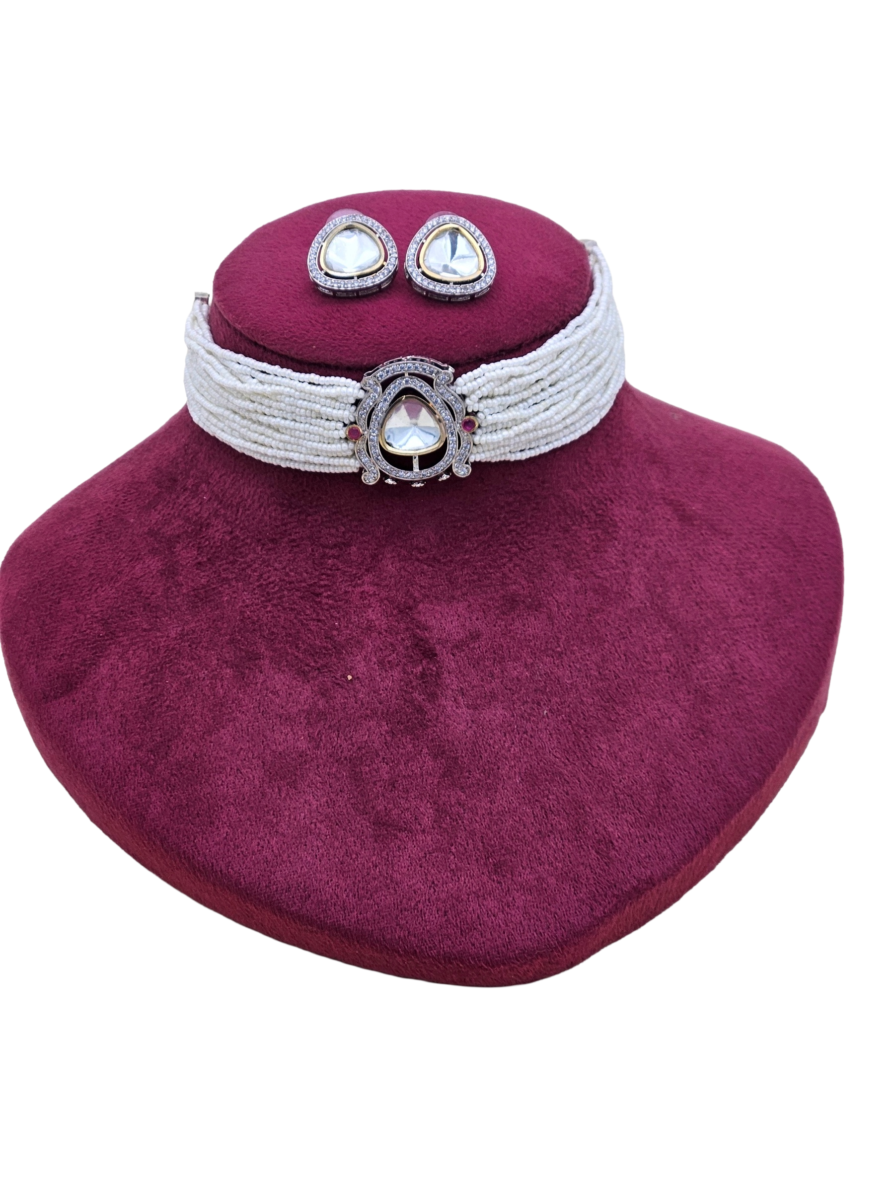 Charming Gold plated AD-Faux Kundan Polky-Red Crystal- Pearl Choker Necklace-Earrings Set