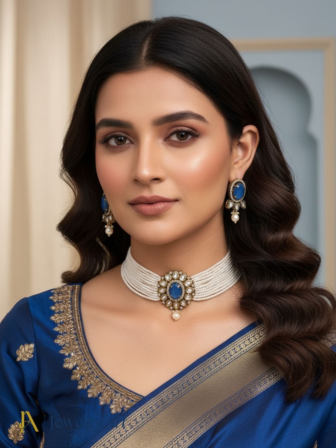Traditional choker set with blue Monalisa stones pearls and AD detailing
