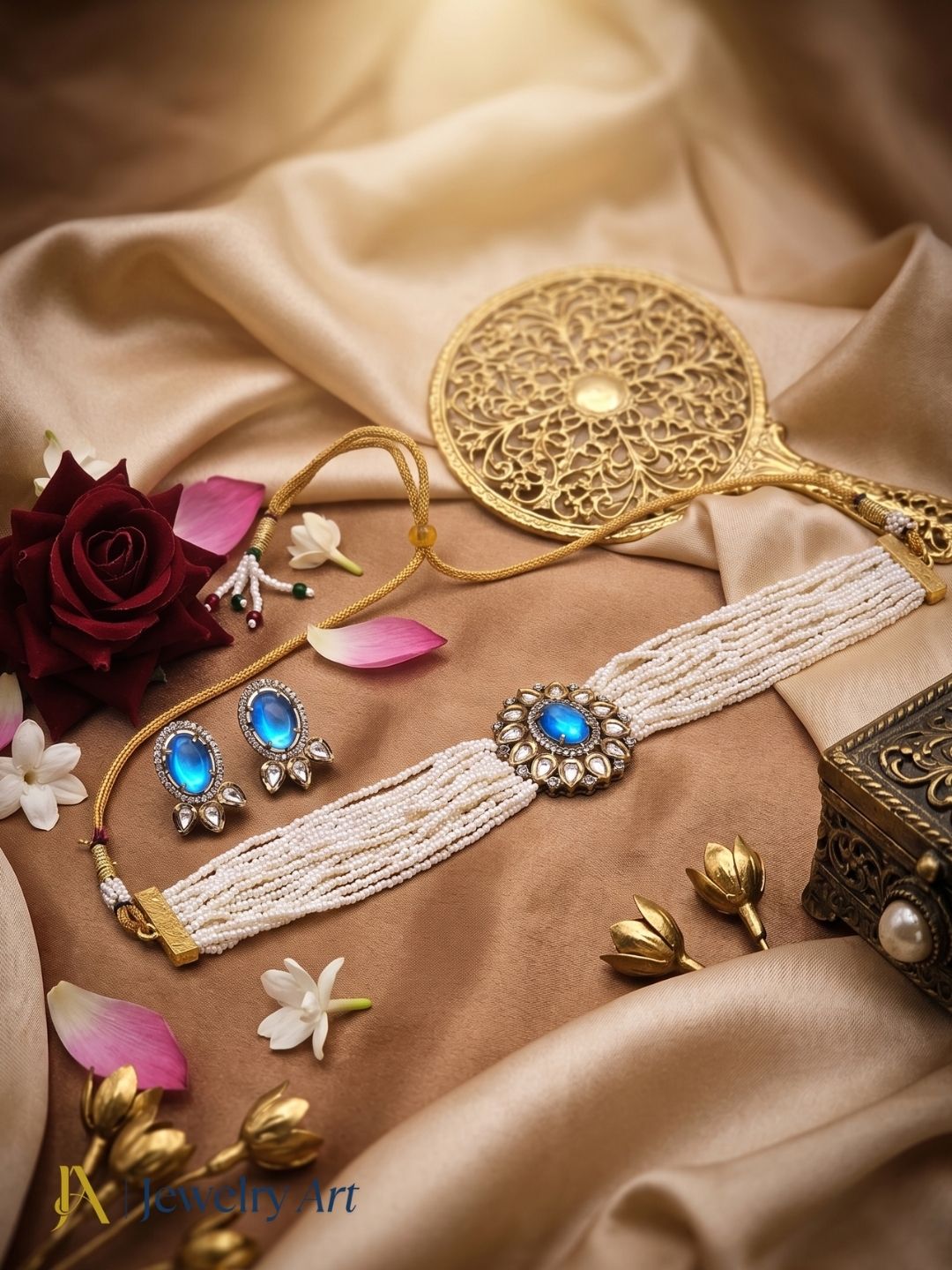 Traditional choker set with blue Monalisa stones pearls and AD detailing
