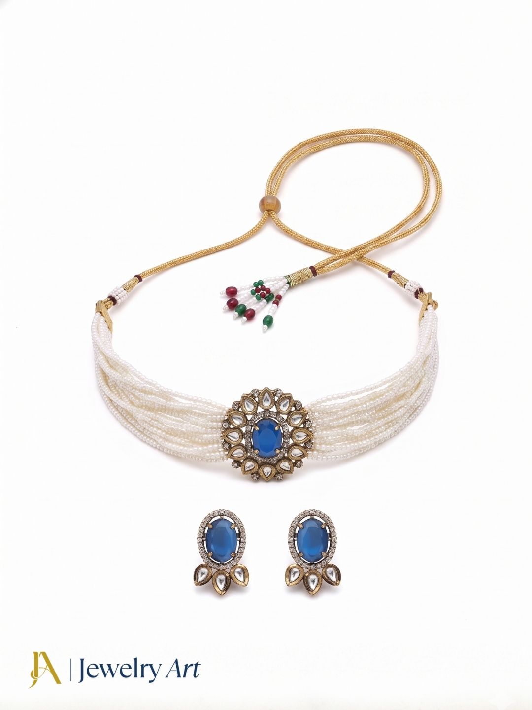 Traditional choker set with blue Monalisa stones pearls and AD detailing
