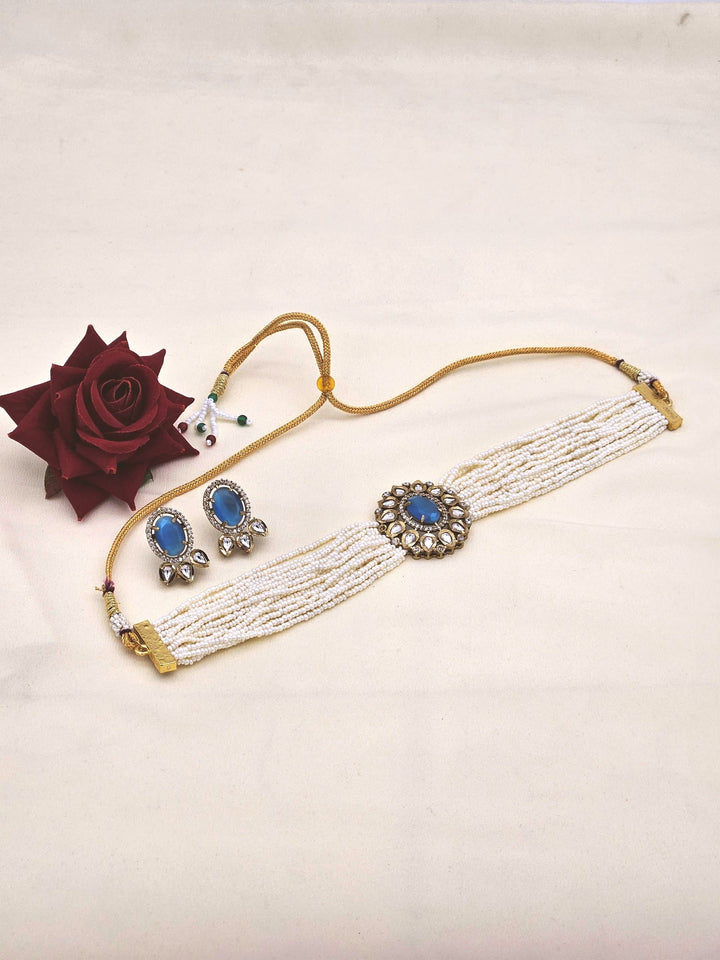 Amazing Gold plated AD-Faux Kundan Polky-Blue Monalisa- Pearl Choker Necklace-Earrings Set