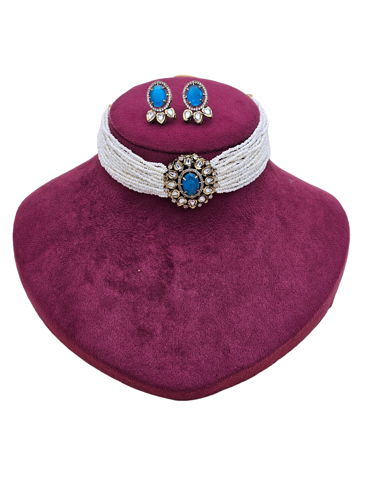 Amazing Gold plated AD-Faux Kundan Polky-Blue Monalisa- Pearl Choker Necklace-Earrings Set