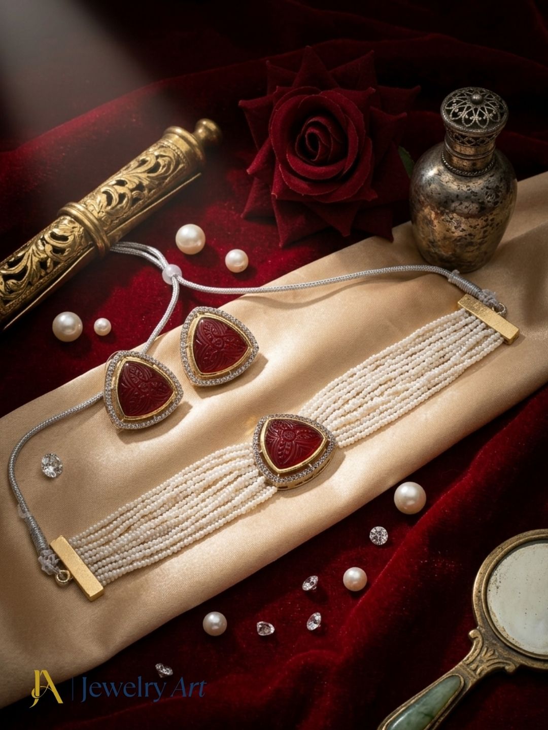 Gold plated necklace set with AD stones pearls and red carving glass work
