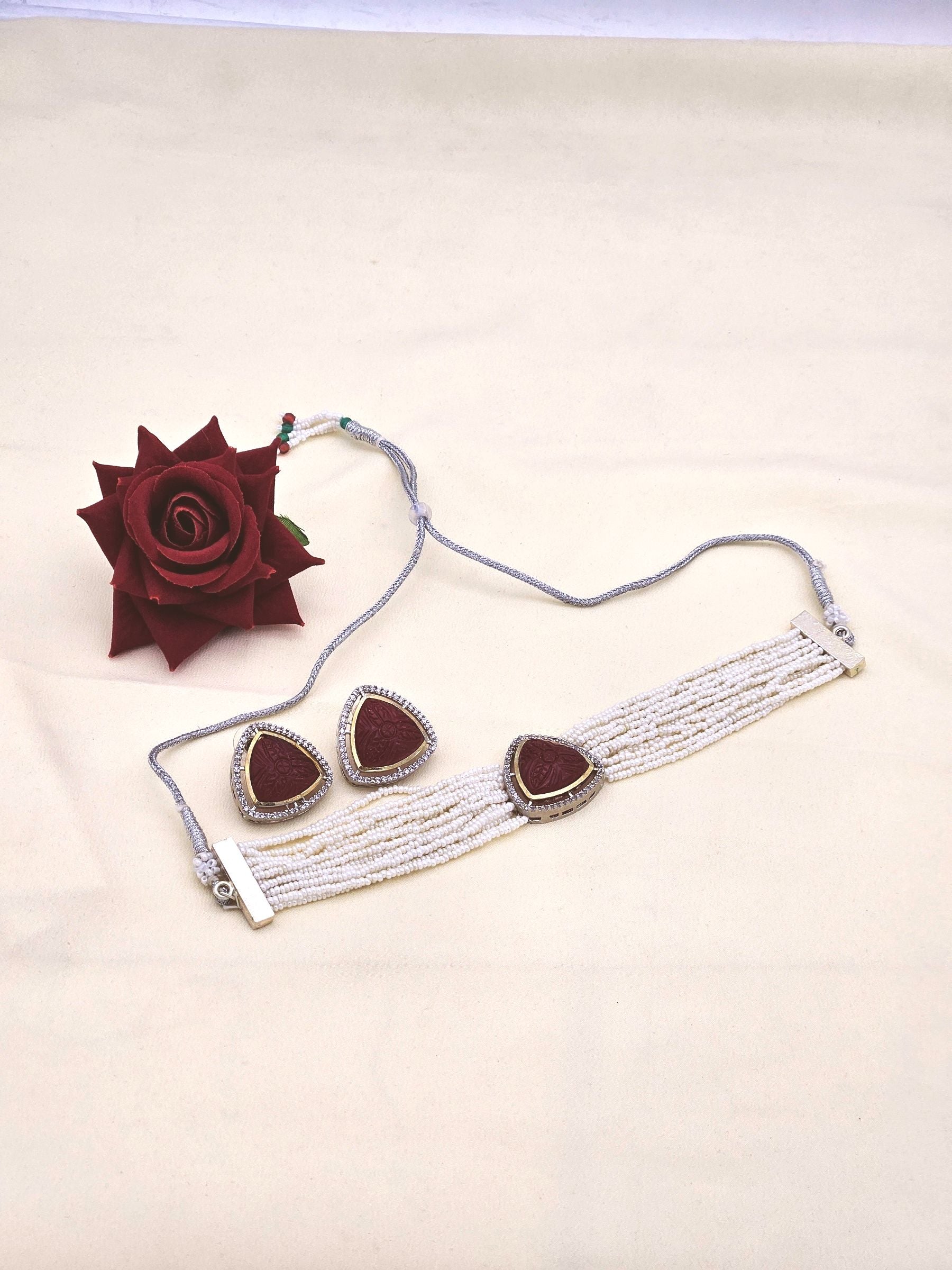 Handcrafted Gold plated AD-Carving Red Glass- Pearl Choker Necklace-Earrings Set