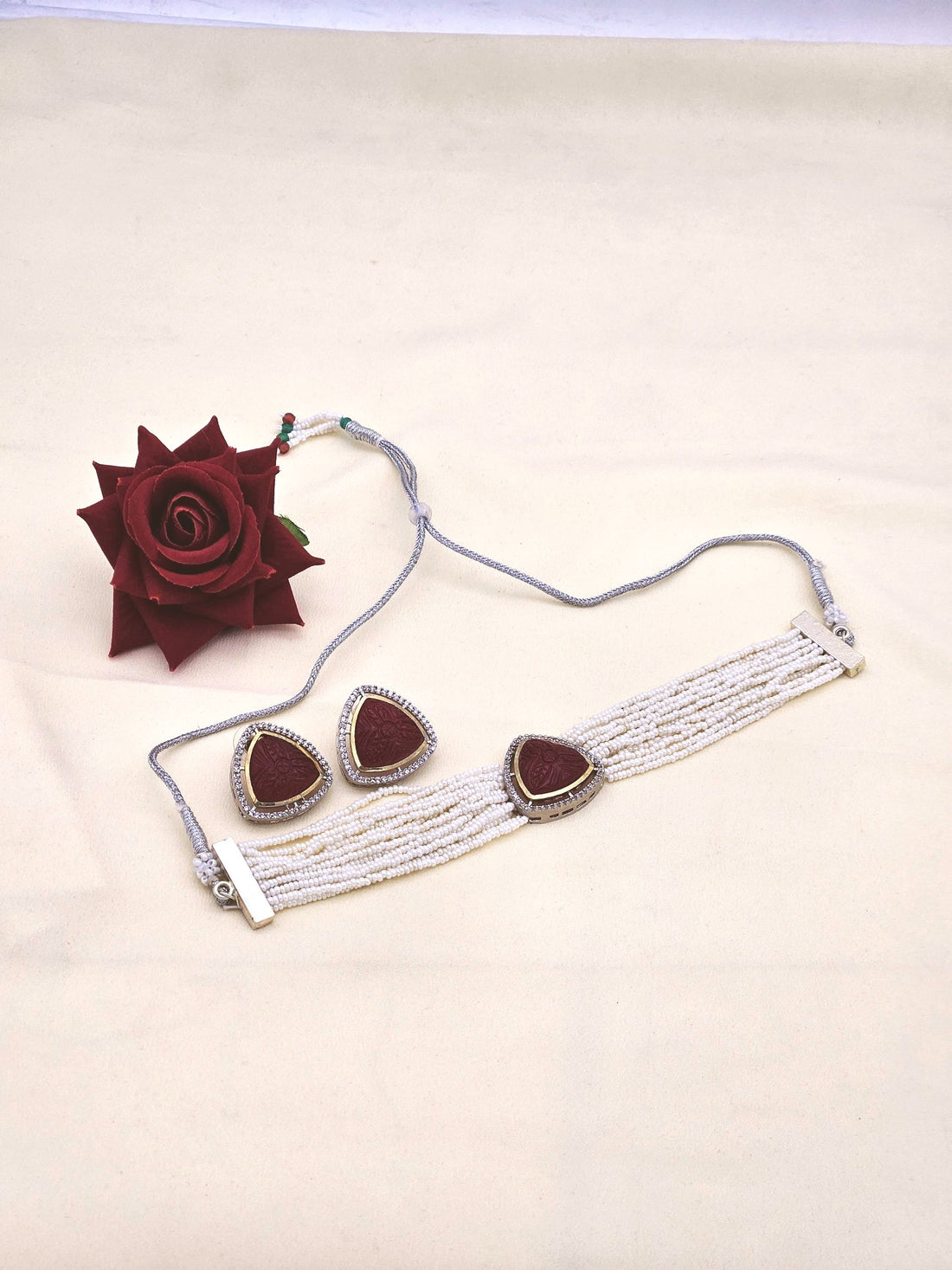 Handcrafted Gold plated AD-Carving Red Glass- Pearl Choker Necklace-Earrings Set