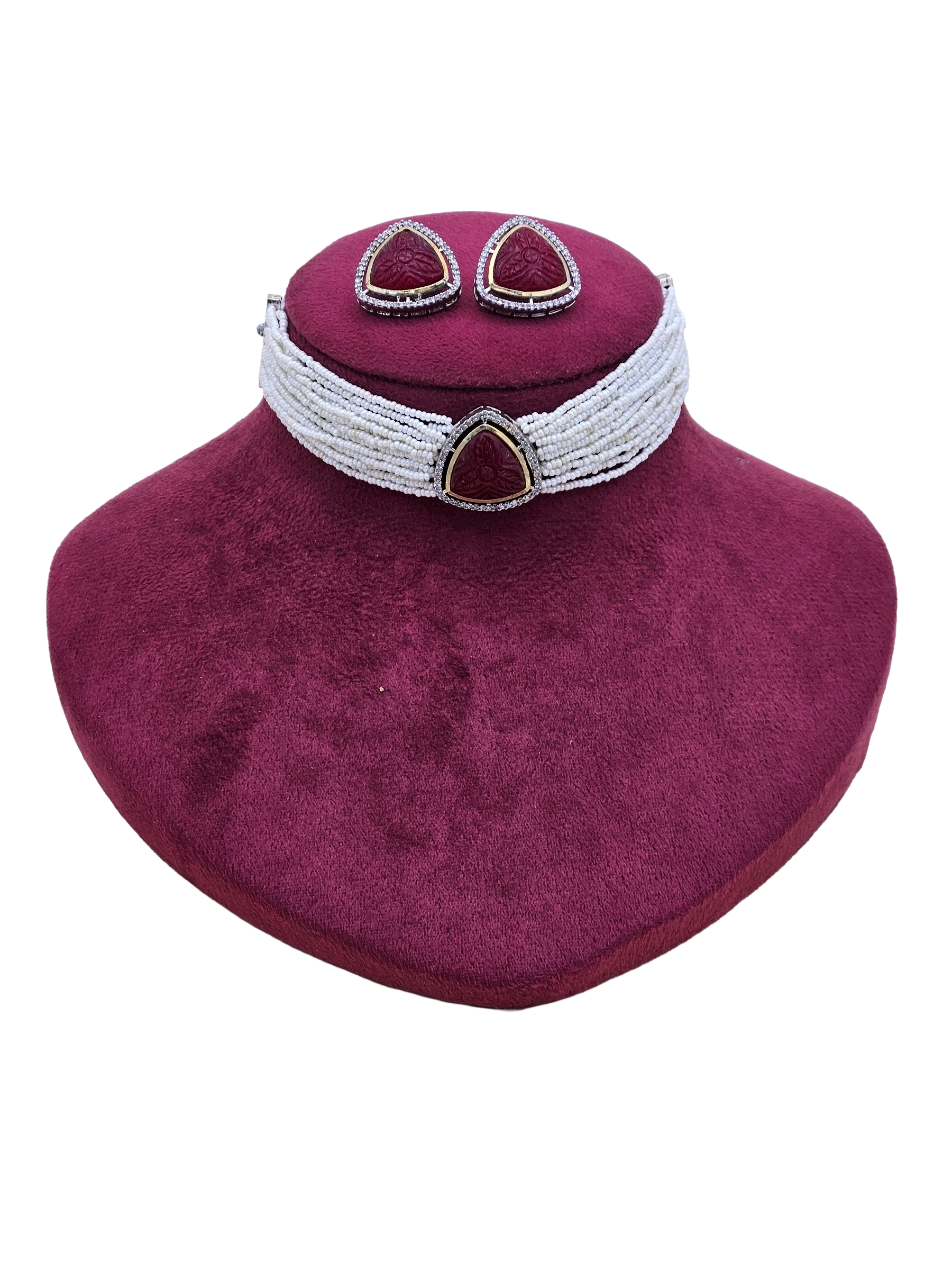 Handcrafted Gold plated AD-Carving Red Glass- Pearl Choker Necklace-Earrings Set