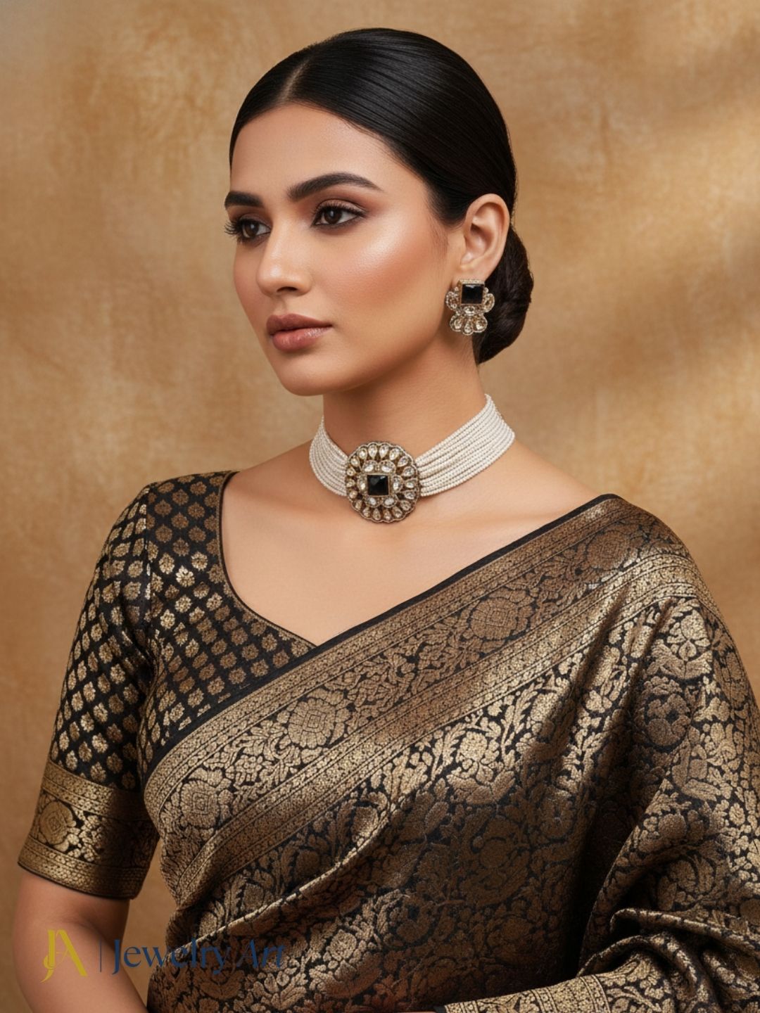 Party wear choker necklace set with black glass stones and elegant pearls
