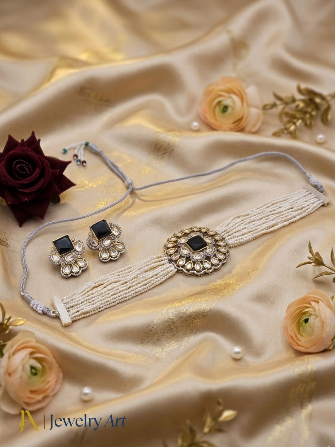 Party wear choker necklace set with black glass stones and elegant pearls
