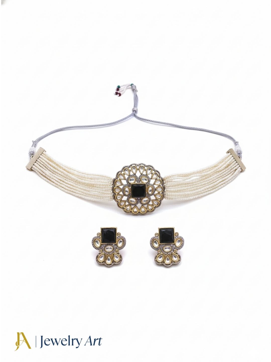 Party wear choker necklace set with black glass stones and elegant pearls

