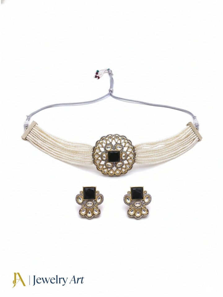 Party wear choker necklace set with black glass stones and elegant pearls
