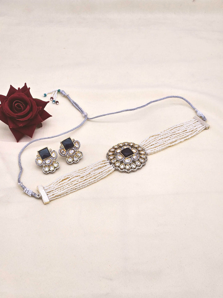 Awesome Gold plated AD-Faux Kundan Polky-Black Glass Stone-Pearl Choker Necklace-Earrings Set