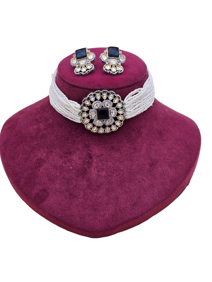 Awesome Gold plated AD-Faux Kundan Polky-Black Glass Stone-Pearl Choker Necklace-Earrings Set