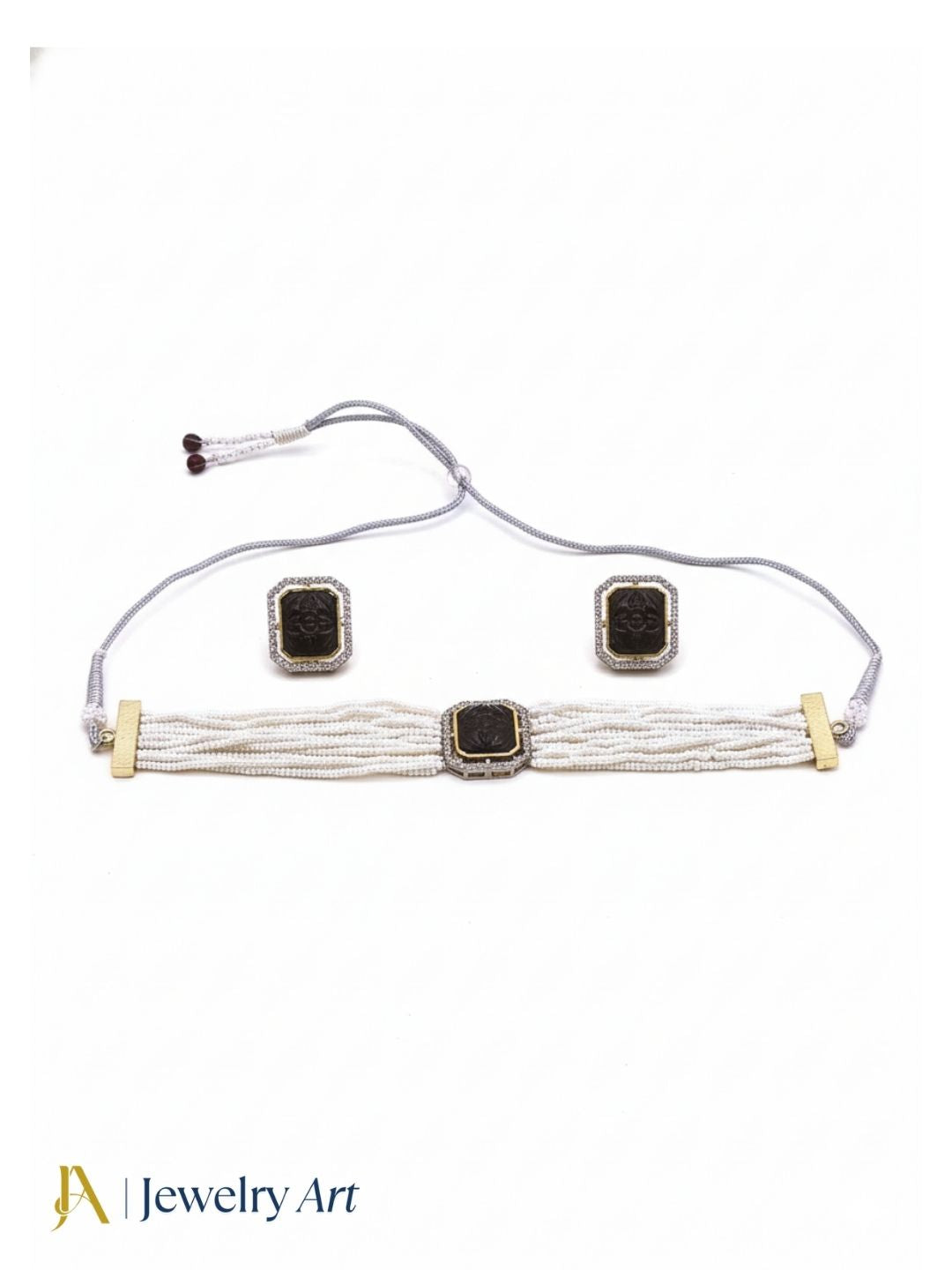 Fashion choker earrings set with AD stones black carving glass and pearls

