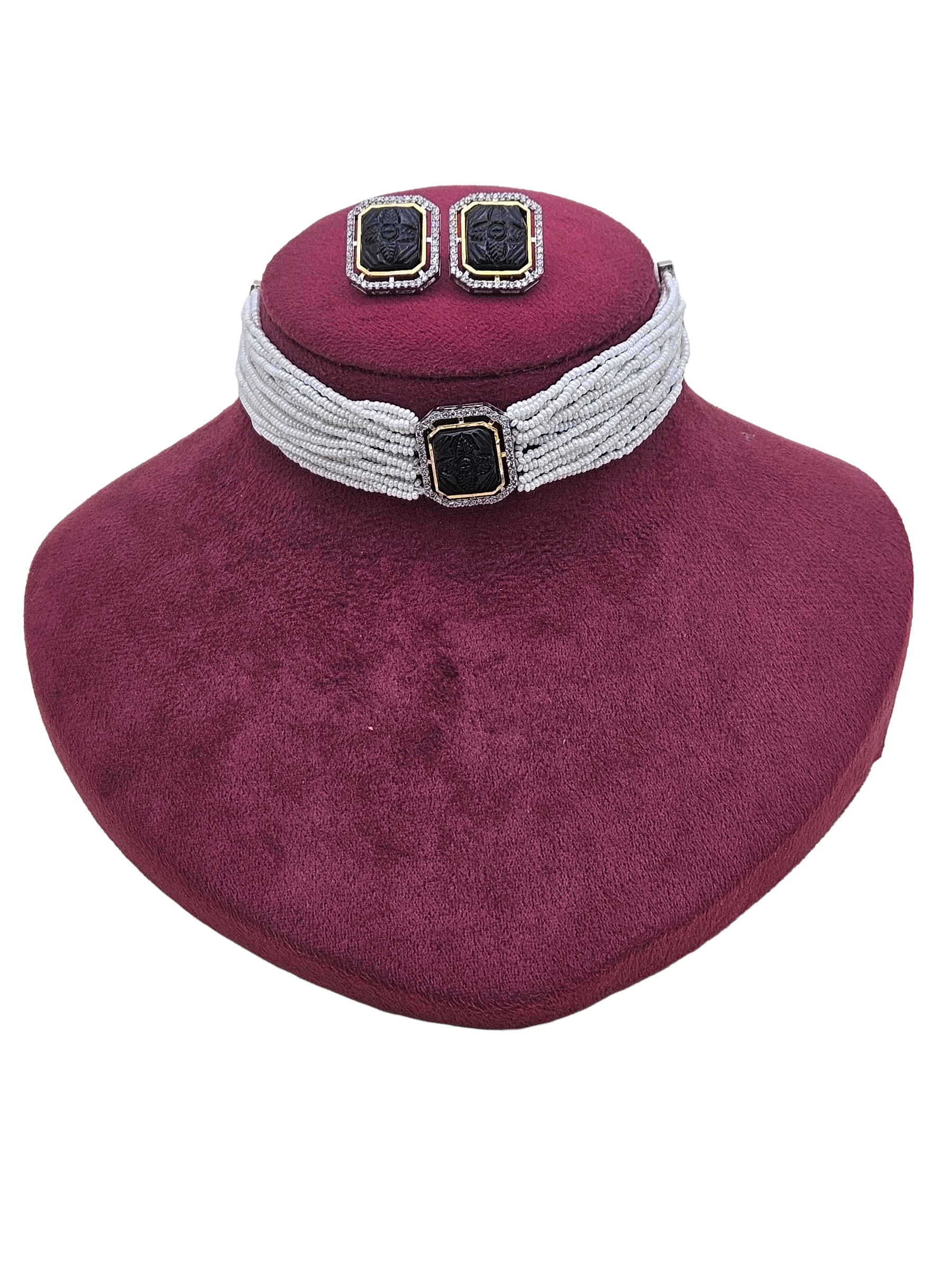 Handcrafted Gold plated AD-Carving Black Glass- Pearl Choker Necklace-Earrings Set