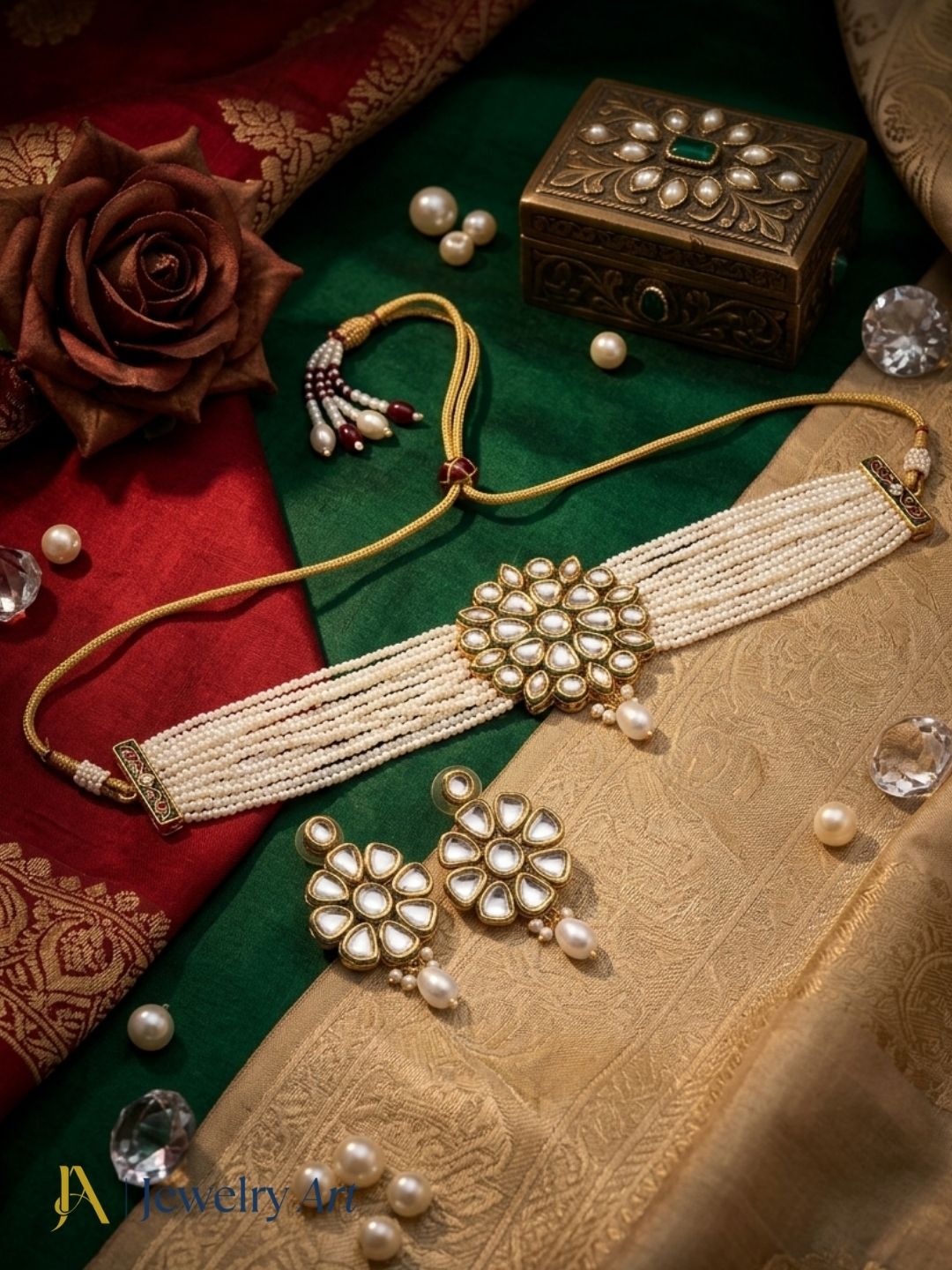 Antique gold AD faux kundan polky pearl meenakari work choker necklace earrings set
