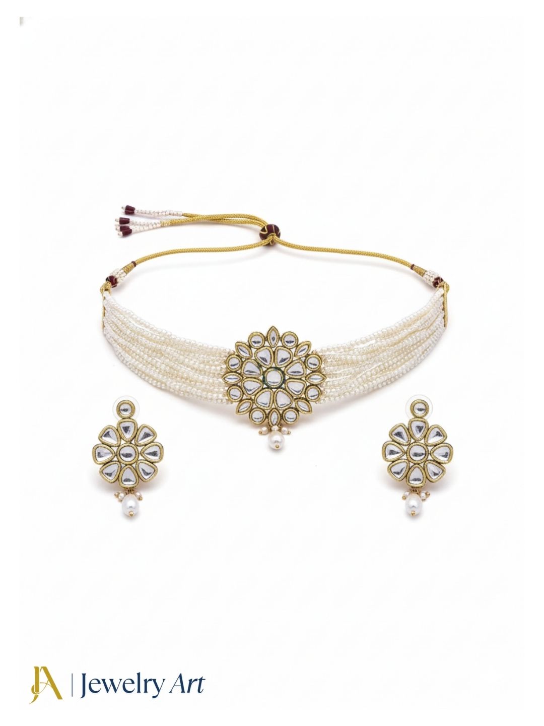Antique gold AD faux kundan polky pearl meenakari work choker necklace earrings set
