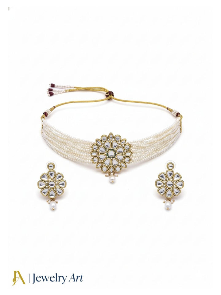 Antique gold AD faux kundan polky pearl meenakari work choker necklace earrings set

