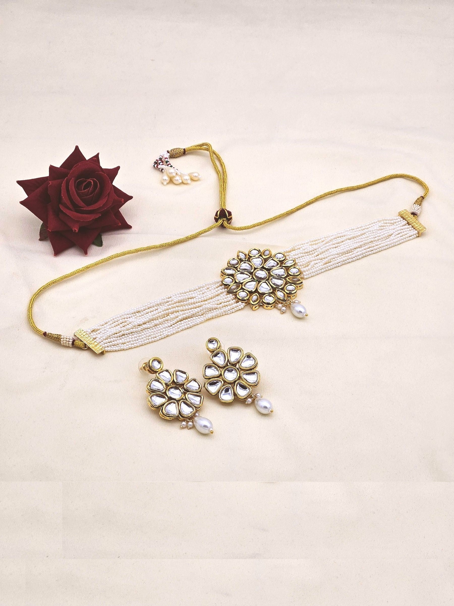 Stunning Antique Gold AD-Faux Kundan Polky- Pearl-Meena work  Choker Necklace-Earrings Set