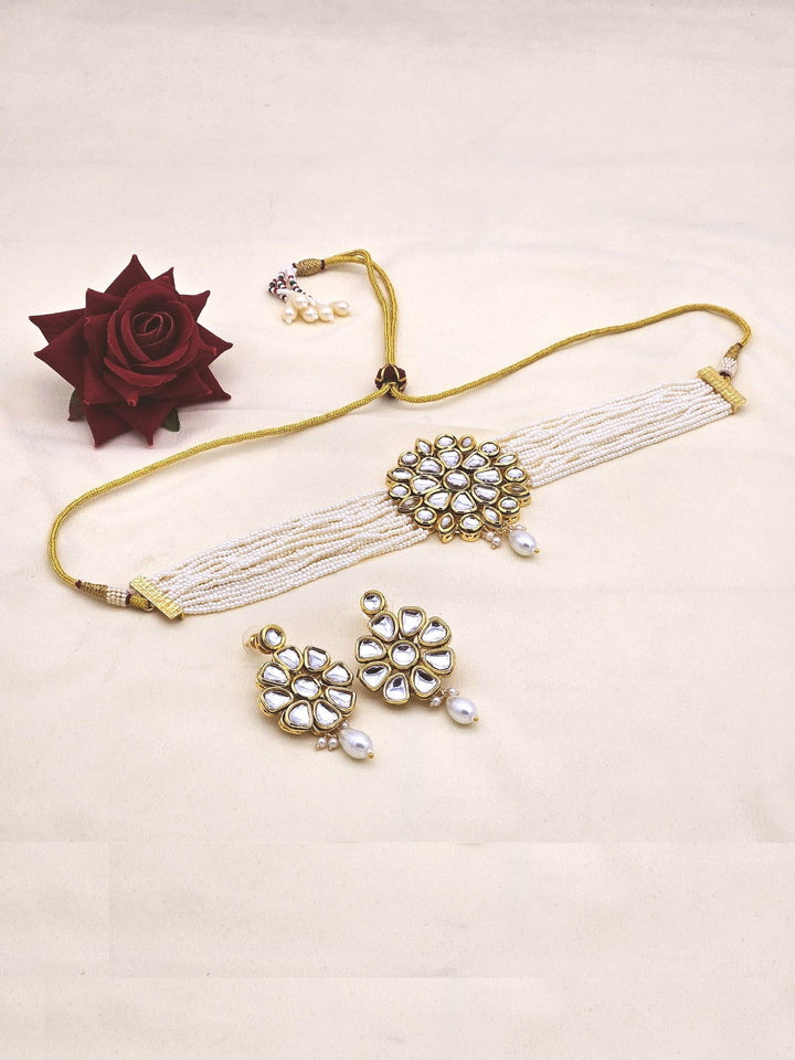 Stunning Antique Gold AD-Faux Kundan Polky- Pearl-Meena work  Choker Necklace-Earrings Set