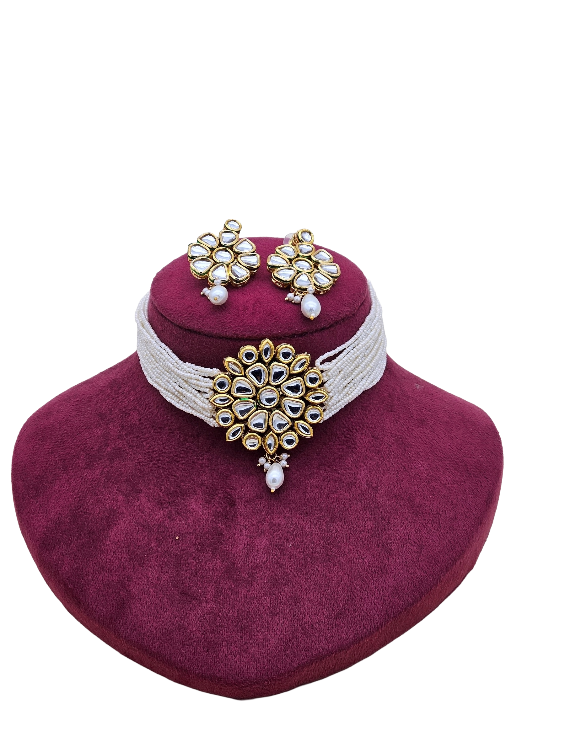 Stunning Antique Gold AD-Faux Kundan Polky- Pearl-Meena work  Choker Necklace-Earrings Set