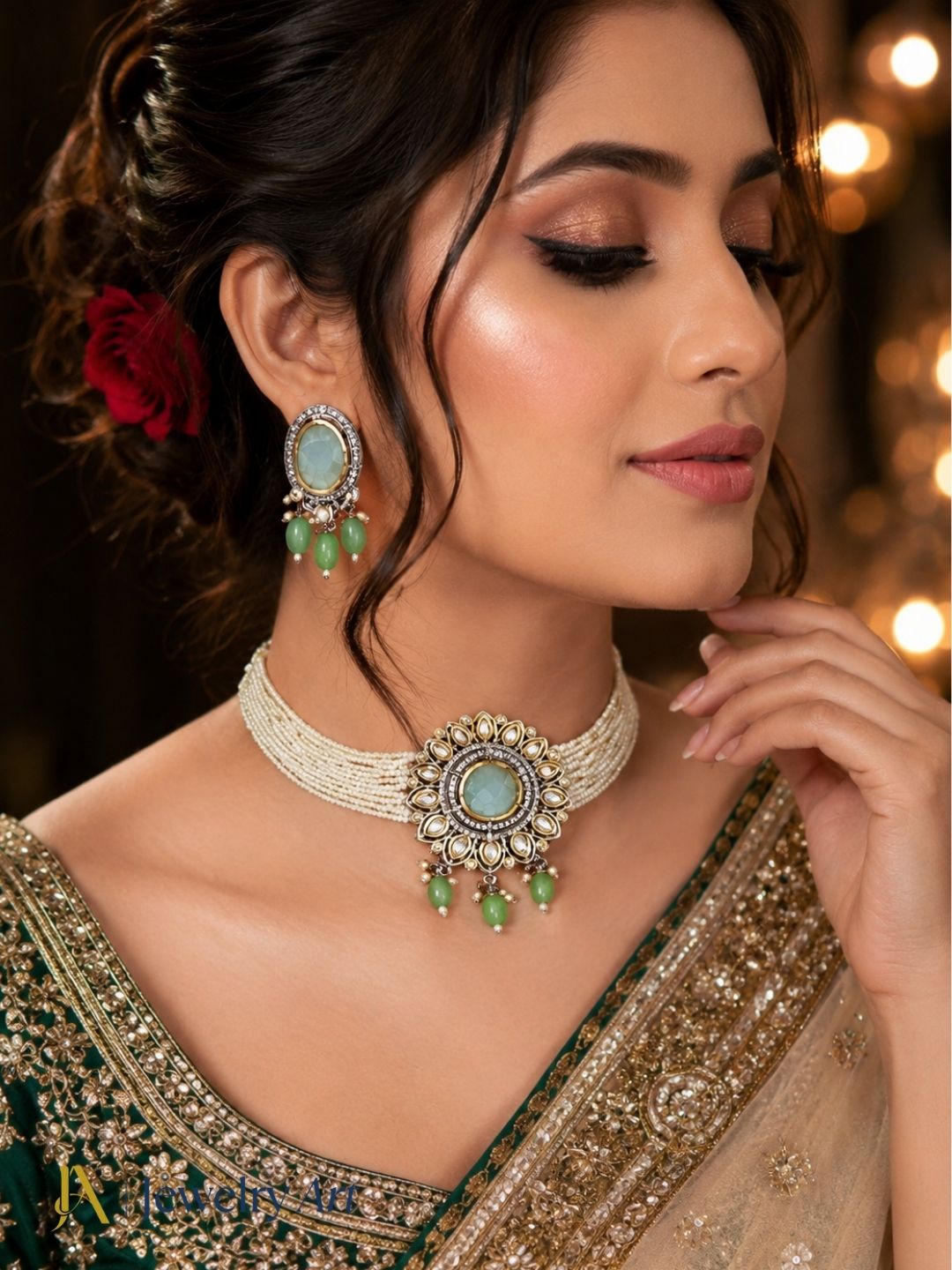 Designer choker necklace earring set with Monalisa stone faux kundan and pearl detailing
