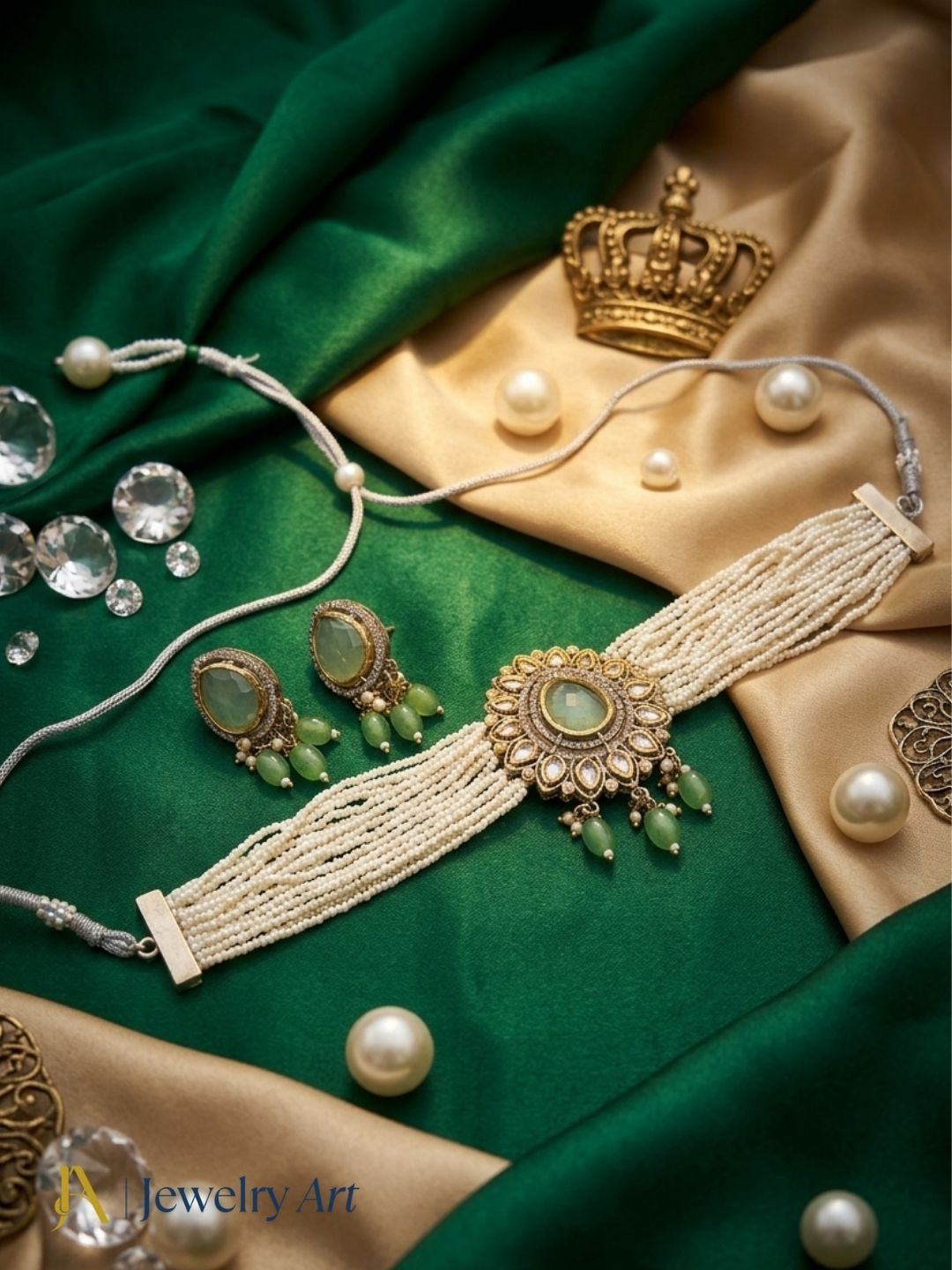 Designer choker necklace earring set with Monalisa stone faux kundan and pearl detailing
