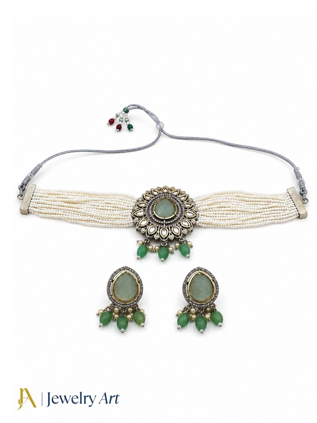 Designer choker necklace earring set with Monalisa stone faux kundan and pearl detailing
