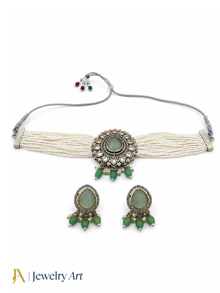 Designer choker necklace earring set with Monalisa stone faux kundan and pearl detailing
