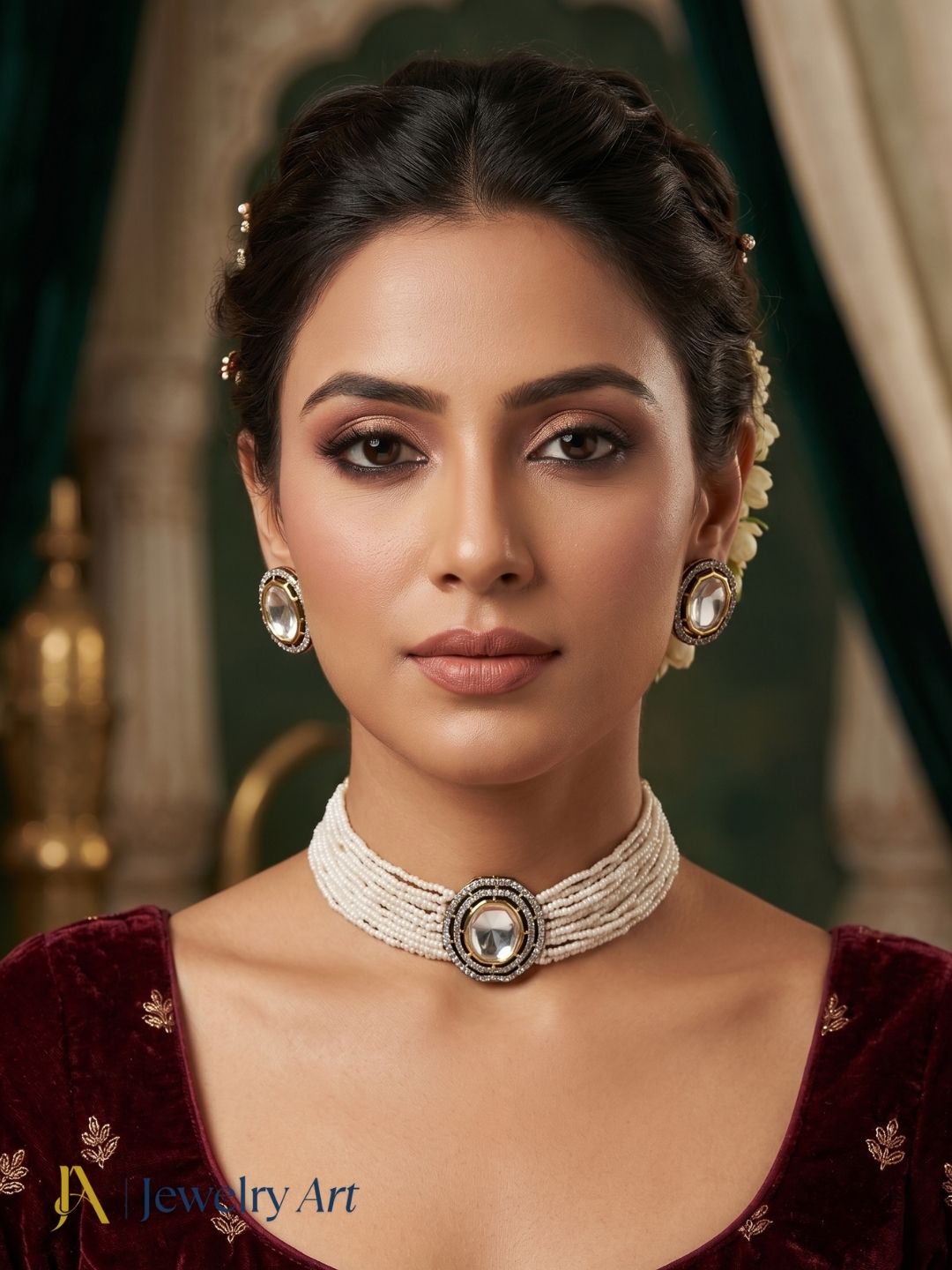 Luxury antique gold choker jewelry set with elegant pearl embellishments
