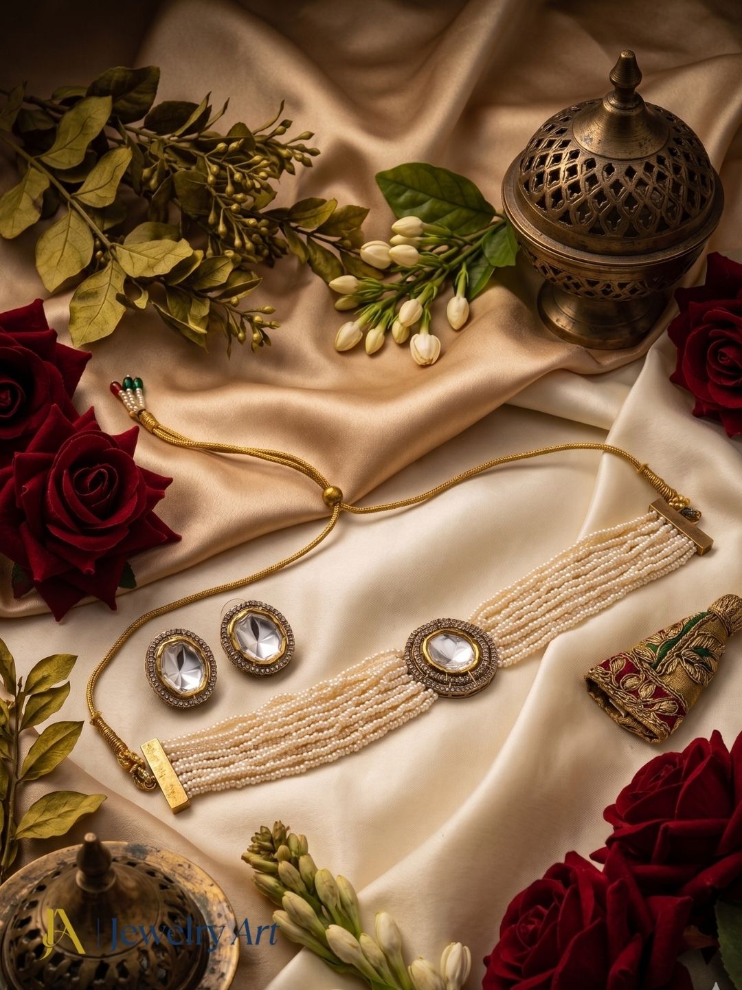 Luxury antique gold choker jewelry set with elegant pearl embellishments
