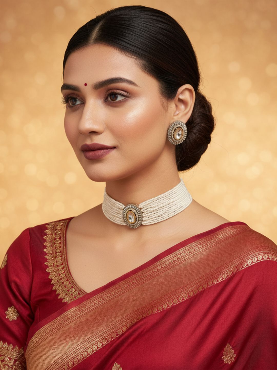 Elegant Antique Gold AD-Synthetic Polky-Glass Beads-Pearl Choker Necklace-Earring Set