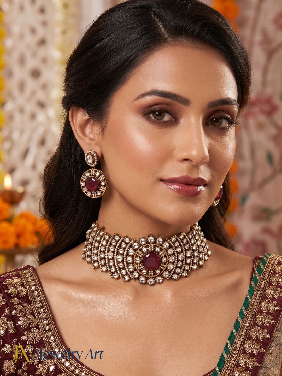 Luxury antique gold ethnic choker necklace earrings set for bridal festive and party wear
