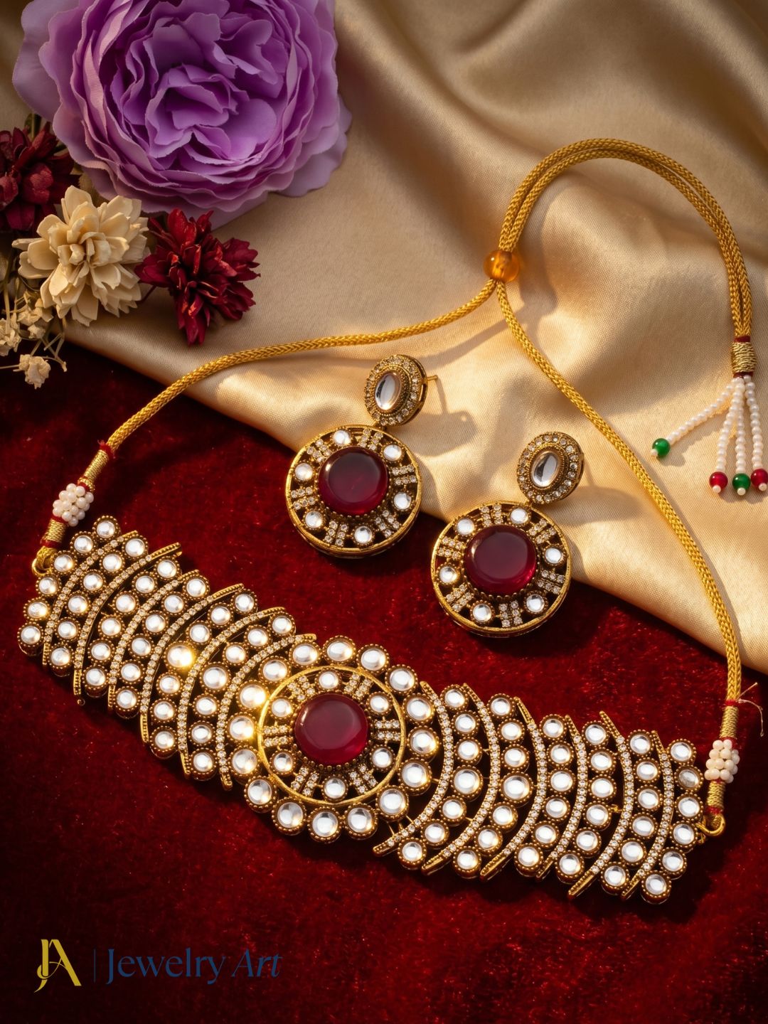 Luxury antique gold ethnic choker necklace earrings set for bridal festive and party wear
