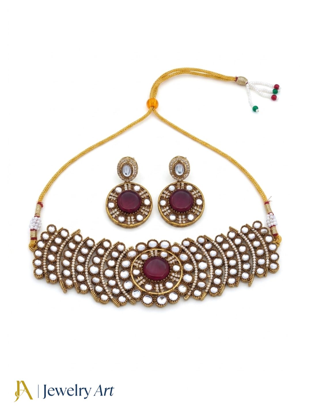 Luxury antique gold ethnic choker necklace earrings set for bridal festive and party wear

