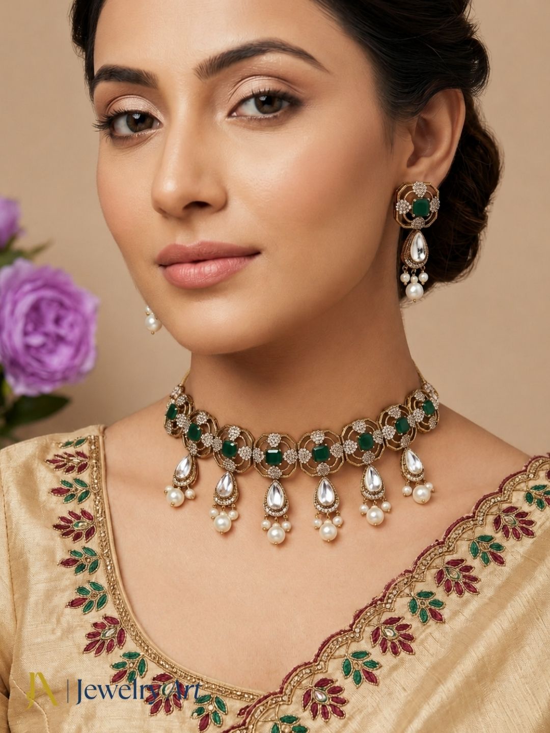 Elegant handcrafted antique gold necklace earrings jewelry set for women
