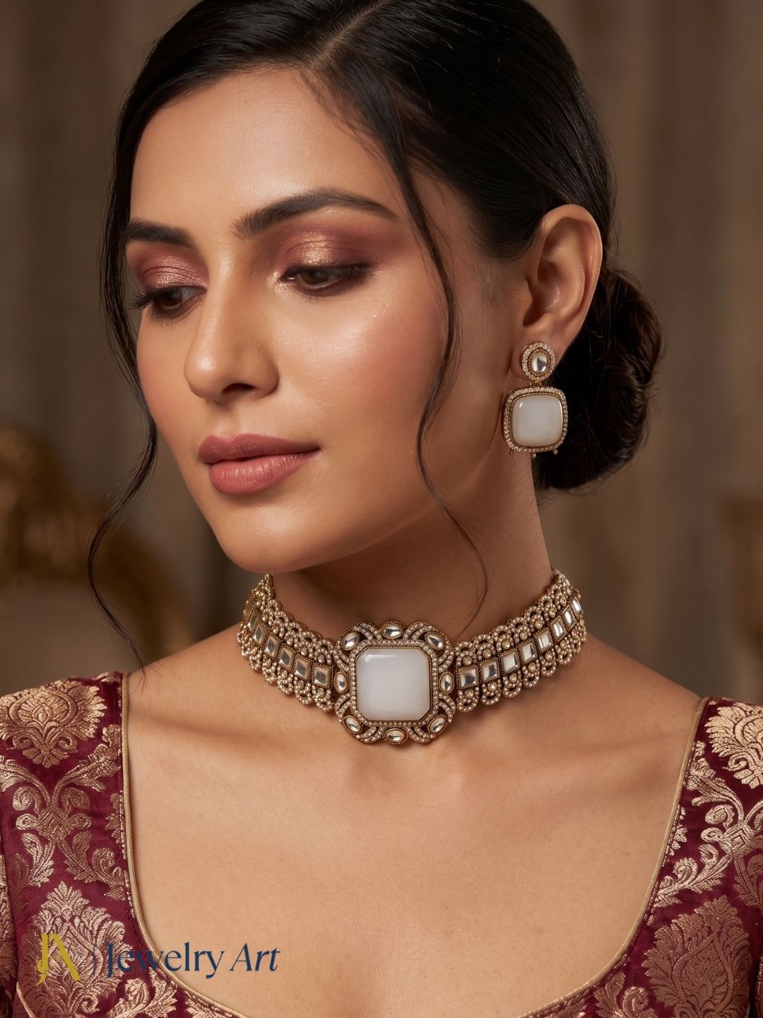 Trending party wear antique gold choker necklace earrings set for women
