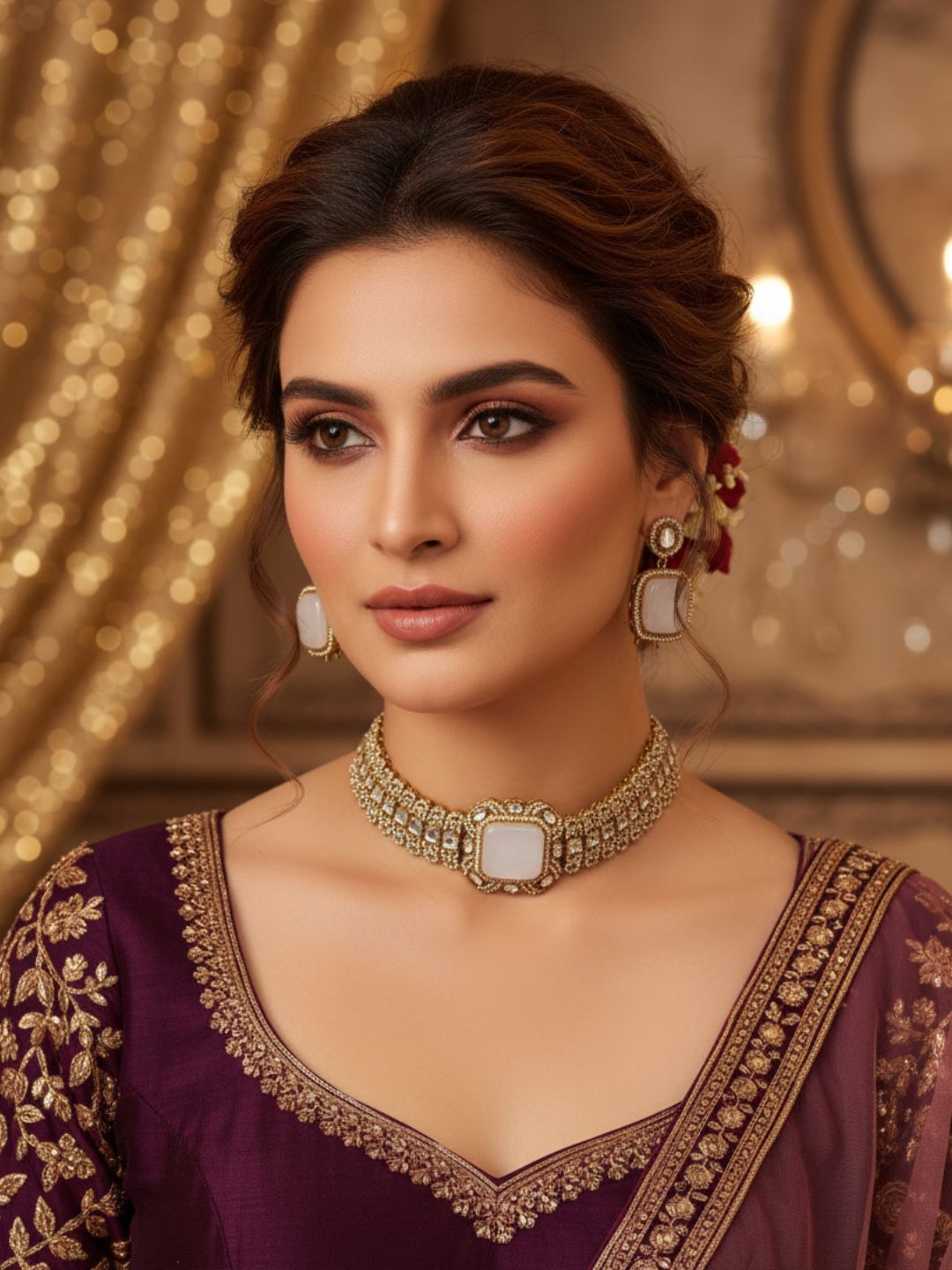 Awesome Antique Gold Plated Designer Party Wear Choker Necklace-Earring Set for women