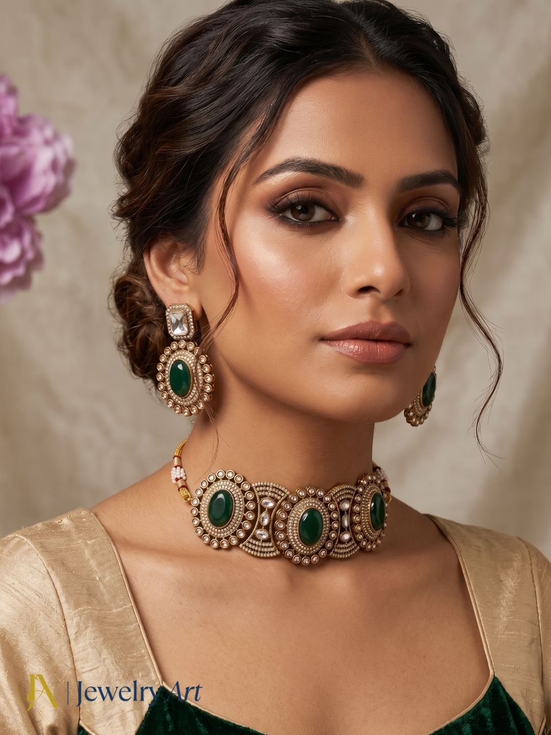 Luxury antique gold ethnic choker necklace earrings set for bridal festive and party wear
