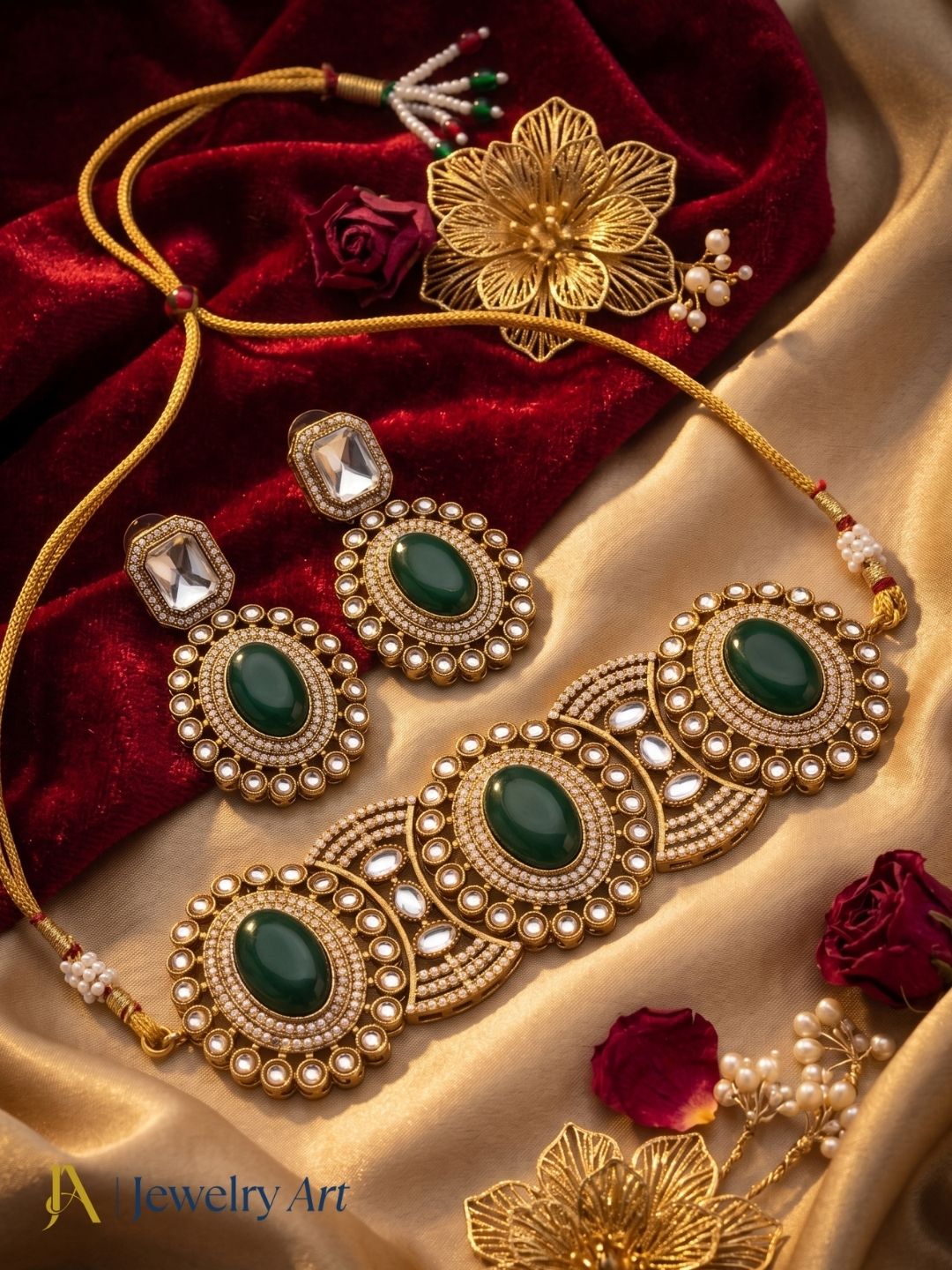 Artistic Antique Gold Plated Designer Party Wear Choker Necklace-Earring Set for women
