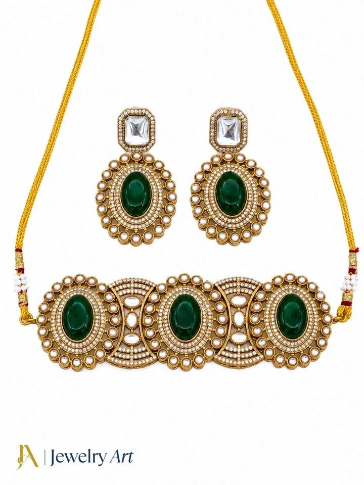 Artistic Antique Gold Plated Designer Party Wear Choker Necklace-Earring Set for women