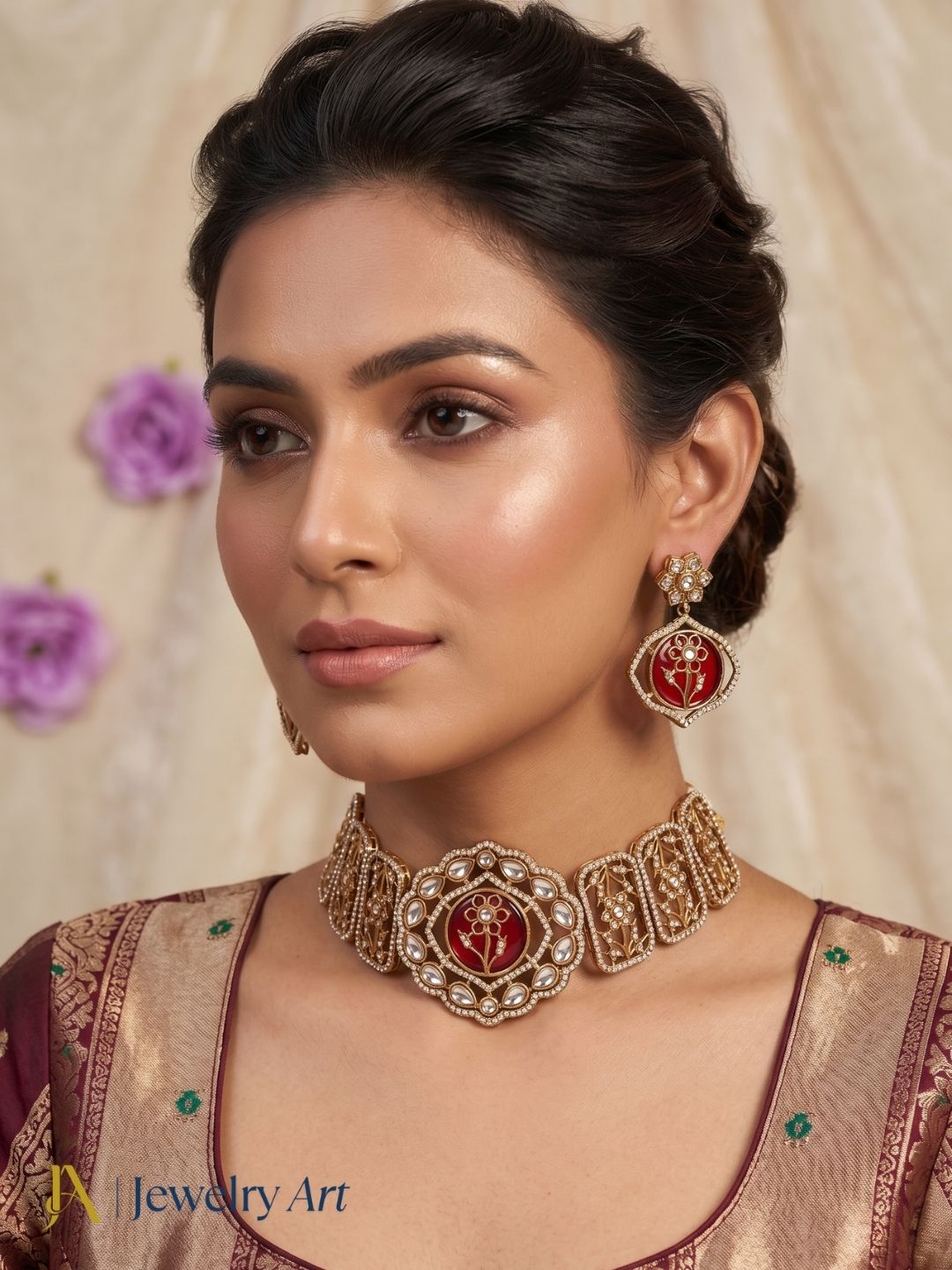 Classic antique gold plated statement choker necklace set for bridal and festive wear
