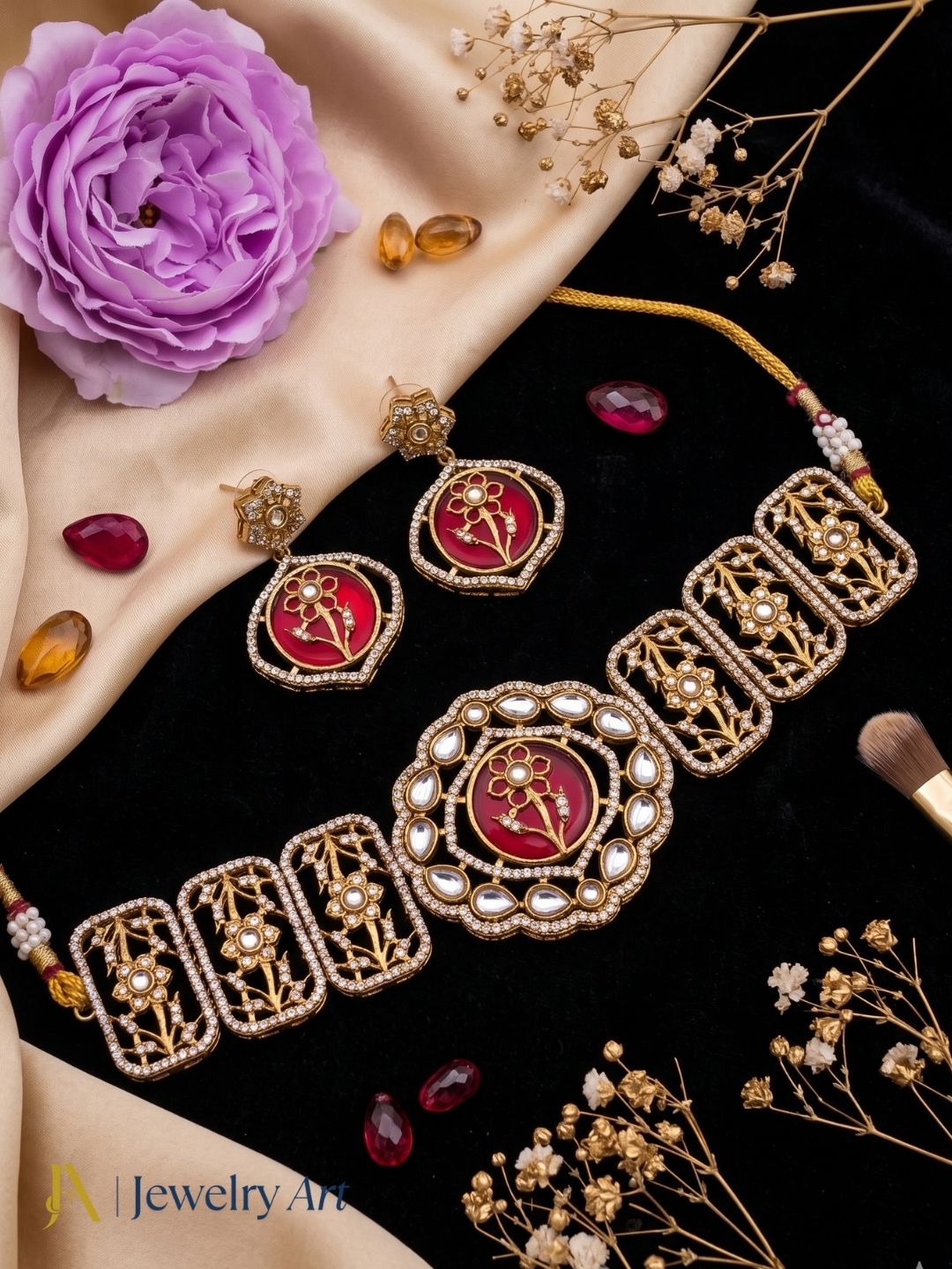 Gorgeous Antique Gold Plated Designer Party Wear Choker Necklace-Earring Set for women