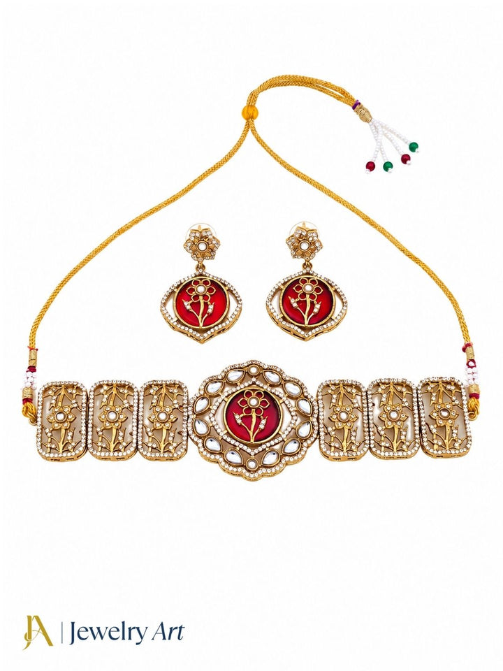 Gorgeous Antique Gold Plated Designer Party Wear Choker Necklace-Earring Set for women